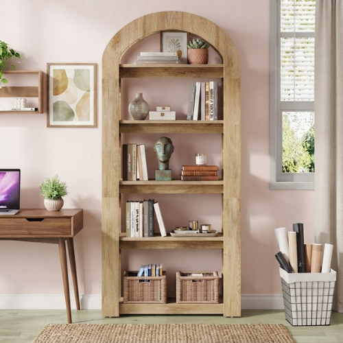 5-Tier Bookshelf 70.87" Bookcase Display Shelf Arch-Shape Teak