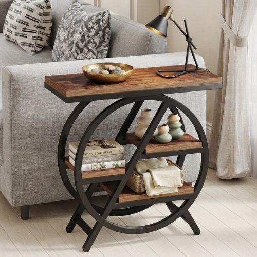 4-Tier End Table, Industrial Side Table with Open Shelves, Rustic Brown Wooden Top & Metal Frame for Living Room Bedroom