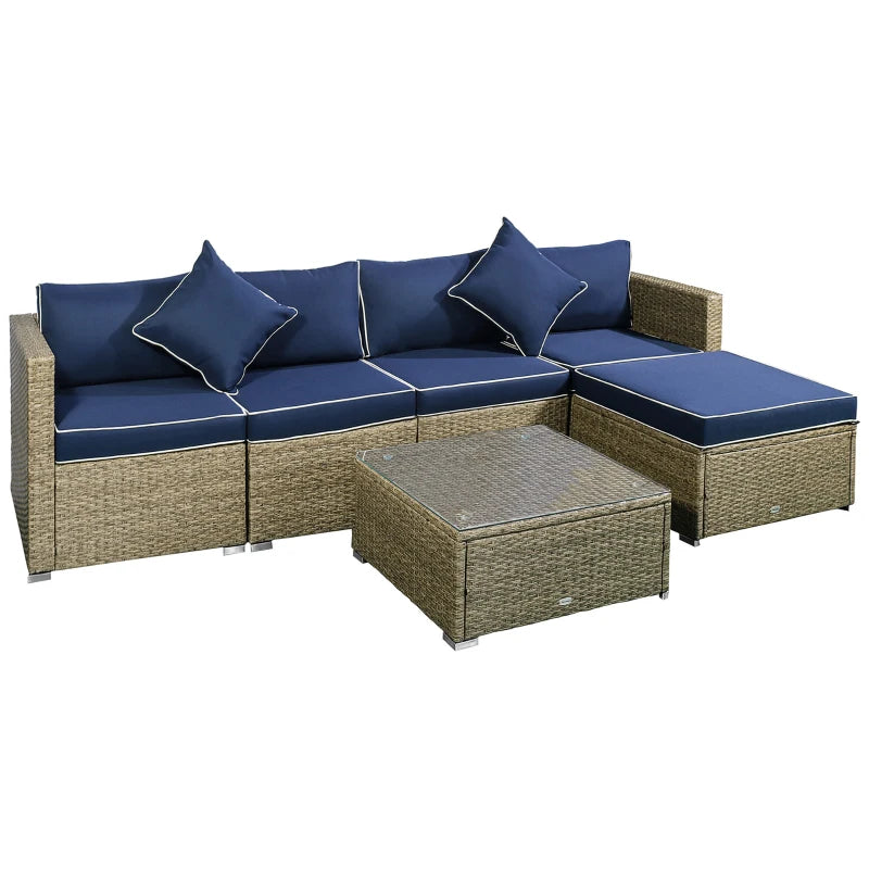 Outsunny 6 Pieces Outdoor PE Rattan Wicker Patio Furniture Sofa Set with Thick Cushions, Deluxe Garden Sectional Couch with Glass Top Table, Yellow and Navy Blue