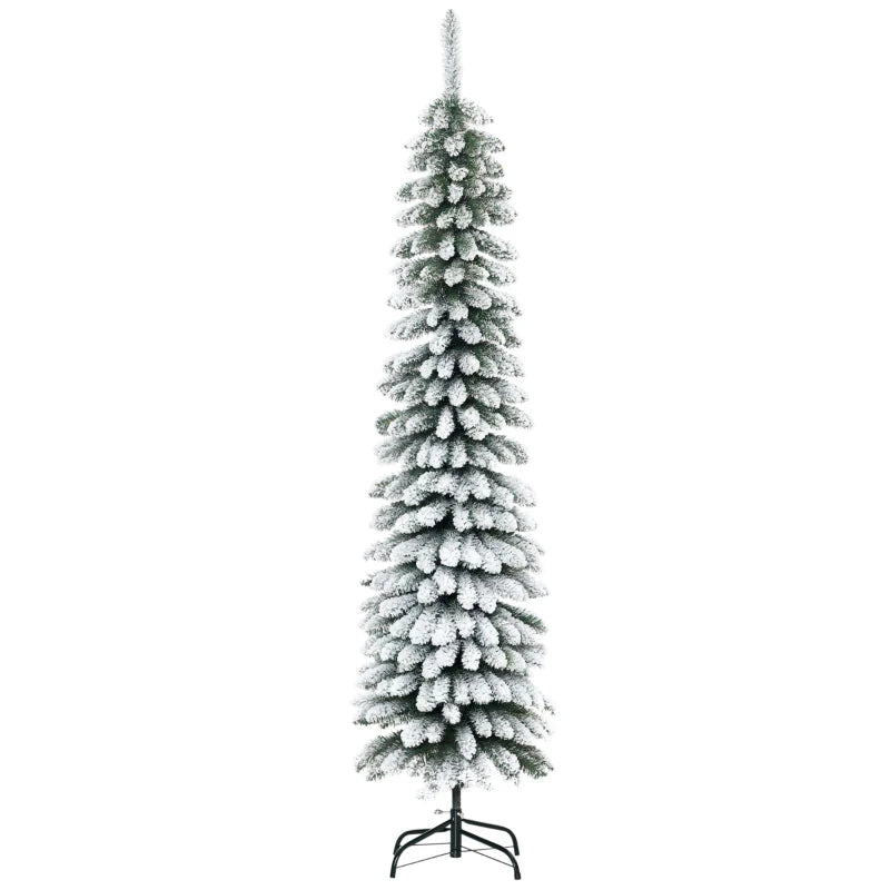 HOMCOM 7ft Snow-Flocked Artificial Christmas Tree – Slim Pencil Design, 490 Realistic Branches, Metal Base, Green 