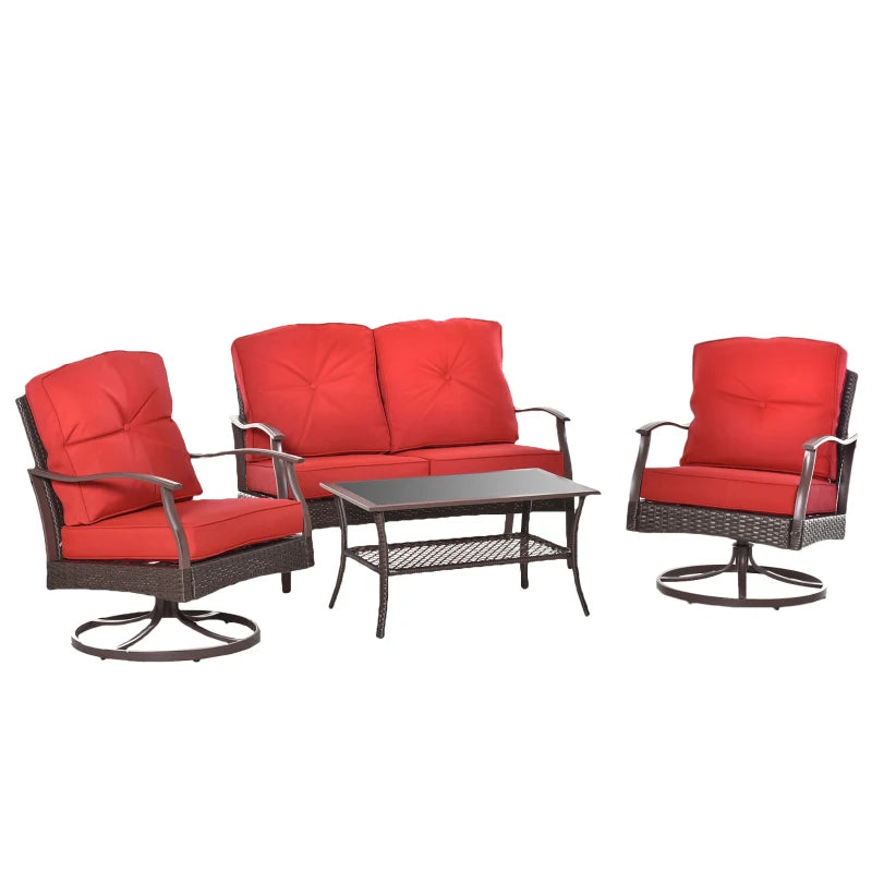 Outsunny 4 PCS Patio PE Rattan Wicker Sofa Set Outdoor Conversation Furniture w/ Two Tier Tea Table & Cushions, Red