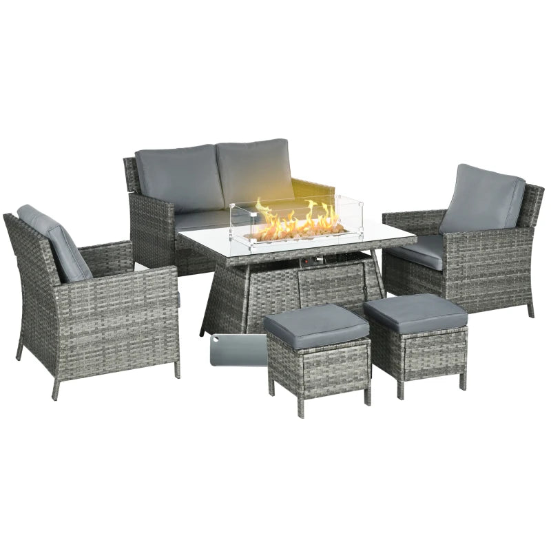 Outsunny 6 Piece Patio Furniture Set with 50,000 BTU Gas Fire Pit Table, Outdoor PE Rattan Dining Table and Chair Set, Sectional Conversation Sofa Set with Cushions, Grey