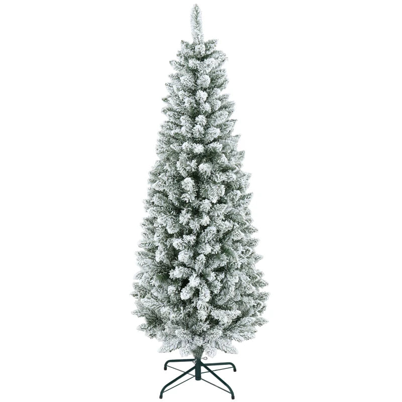 HOMCOM 6ft Pencil Flocked Christmas Tree – 479 Branch Tips with Metal Base, Indoor Holiday Decoration 