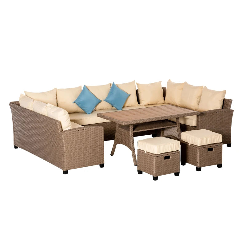 Outsunny 6 Pieces Patio Furniture Set, Outdoor Dinning Table Set, Wicker Sofa Set, All Weather PE Rattan Conversation Furniture, with Strip Wood Grain Plastic Coffee Table & Cushions, Khaki 