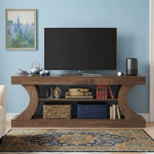 TV Stand 63" Entertainment Center with 3-Tier Storage Shelf for TVs up to 75" with Curved Side Supports and Open Shelves Brown