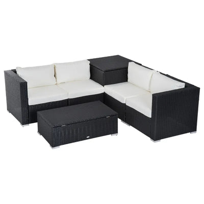 Outsunny 6 Pieces Patio Furniture Set with Cushion, Outdoor PE Rattan Wicker Sectional Conversation Furniture Sofa with Storage Table and Coffee Table, Beige 