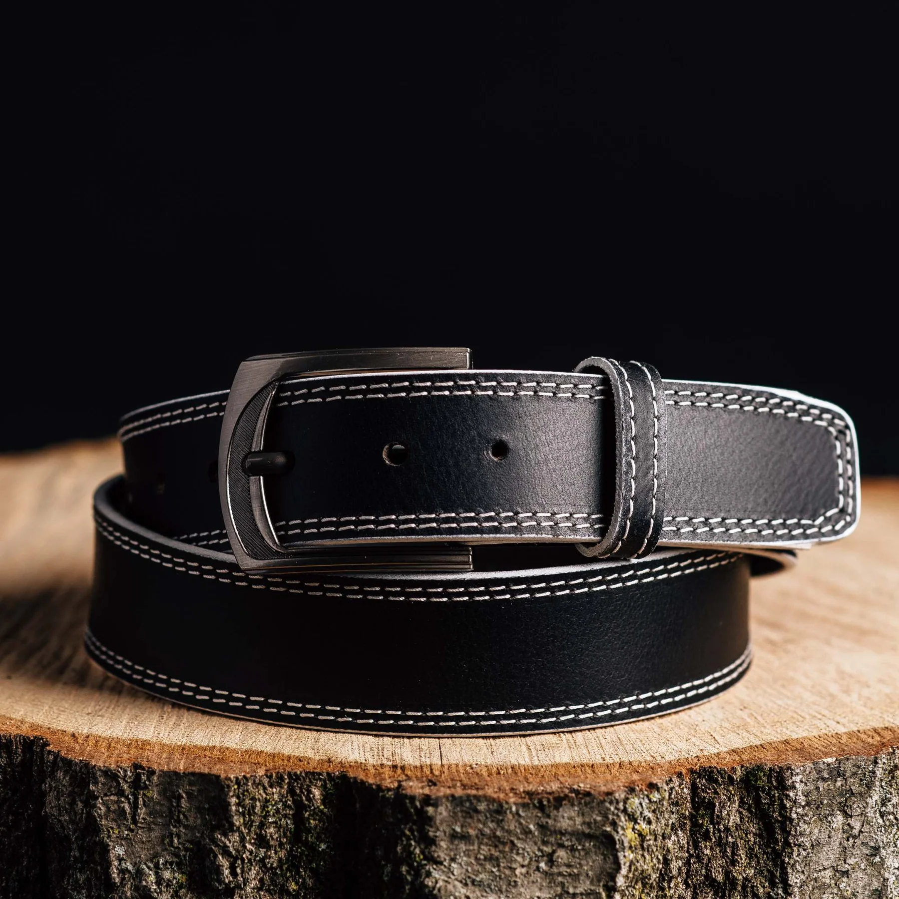 The Pegasus Belt - Black Full Grain Leather Belt with White Stitches 