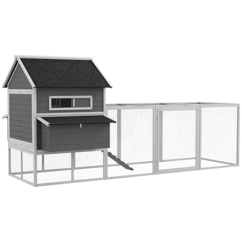 PawHut 137" Wooden Chicken Coop with Chicken Run, Nesting Box, Grey 