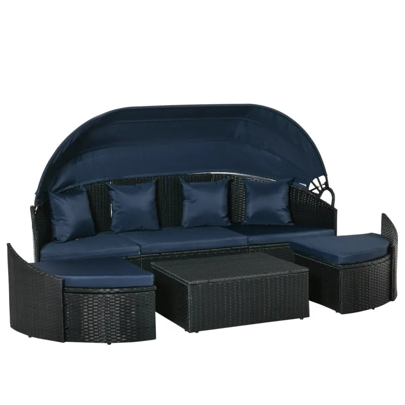 Outsunny 4 Pieces Patio PE Wicker Round Daybed, Outdoor Rattan Garden Lounge Furniture Sets, Dark Blue 