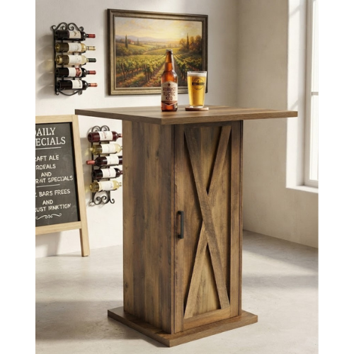 Bar Table 31.5" Square High-Top with Storage Cabinet Farmhouse Pub Table Brown