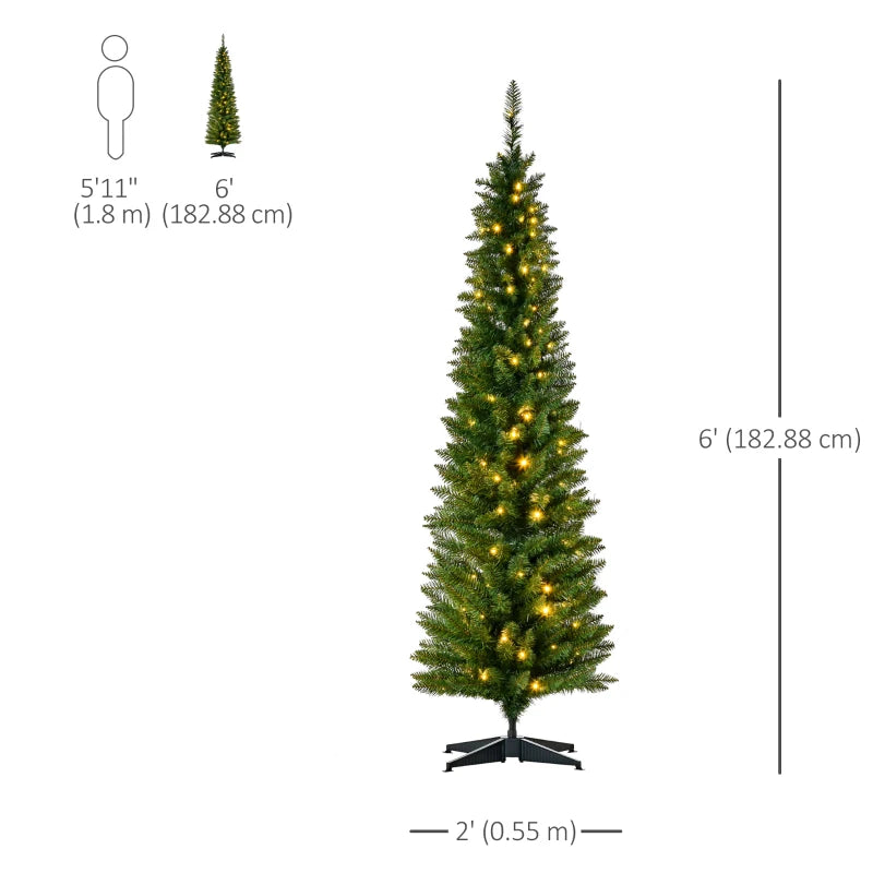 HOMCOM 6' Pre Lit Artificial Pencil Christmas Trees, Xmas Tree with Realistic Branches and Warm White LED Lights, Green 