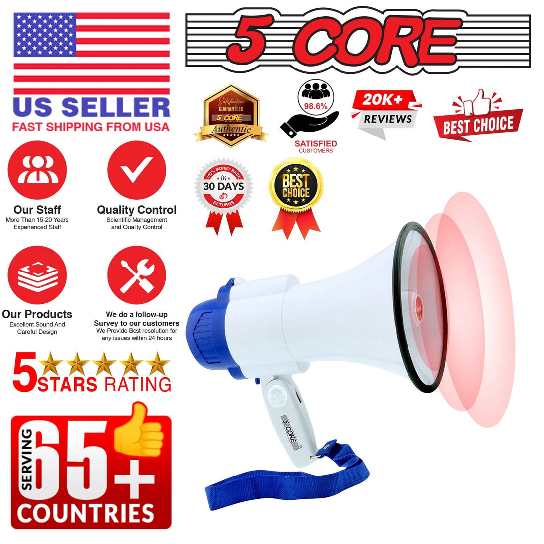 5Core Megaphone Bullhorn Speaker 30W Mini Bull Horn Battery Power Megafono 800 Feet USB