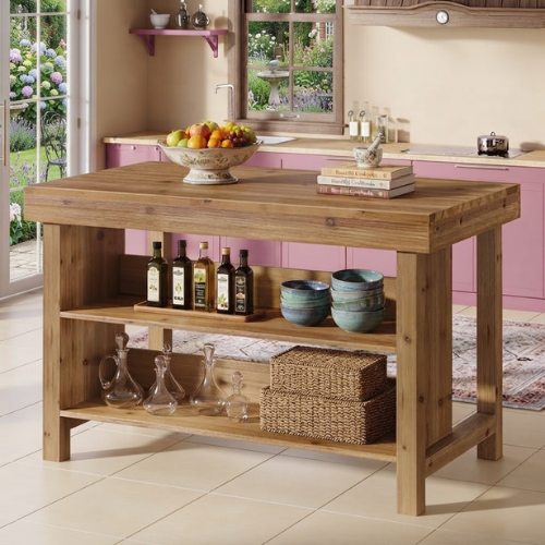 Bar Table 55" Farmhouse 3-Tier Solid Wood Bar Unit with Open Storage Shelves Brown