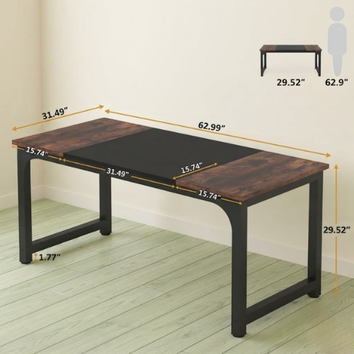 Conference Table 70.86" Rectangular Meeting Table Computer Desk with Metal Frame and Scratch Resistant Surface Rustic Brown & Black
