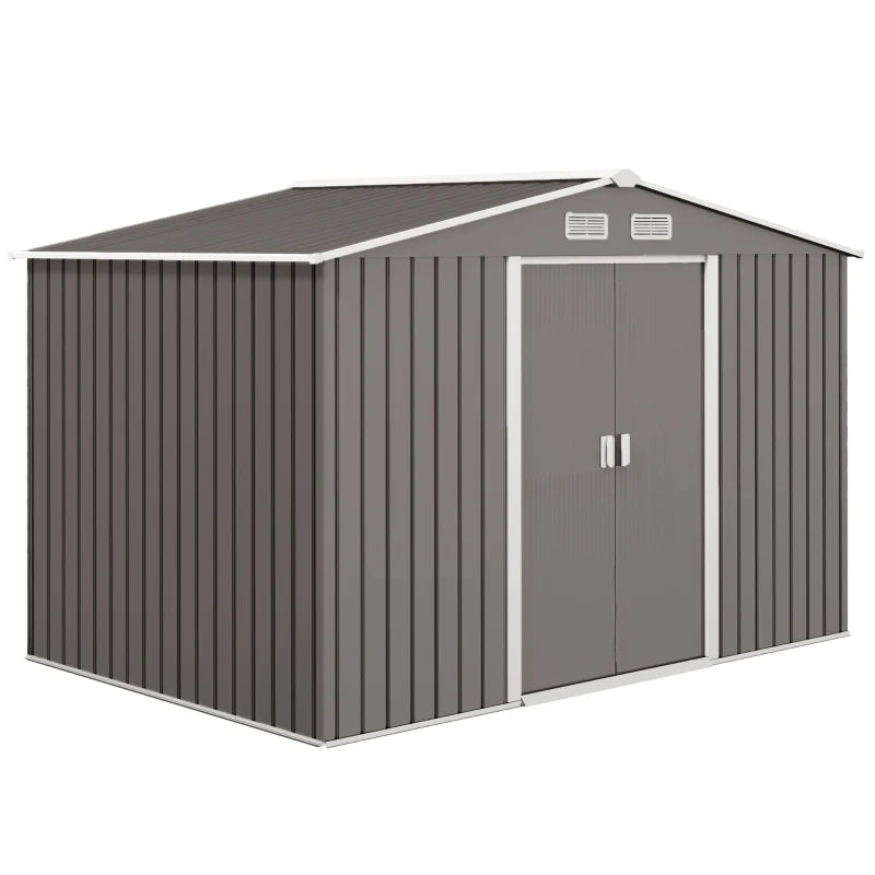 Outsunny 9.1' x 6.4' x 6.3 Garden Storage Shed w/Foundation Kit Outdoor Patio Yard Metal Tool Storage House w/ Double Doors Gray