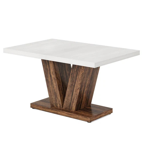 47" Farmhouse Dining Table, White & Oak Wooden Kitchen Table with Pedestal Base, 4–6 Seater