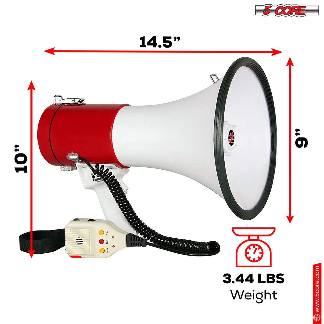 5Core Megaphone Bullhorn Speaker 50W Bull Horn Rechargeable Cheer Megafono 1200Ft