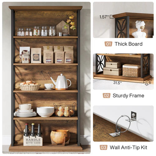 Bookshelf 71" Industrial 6-Tier Bookcase with Open Storage Shelves and Metal Frame Rustic Brown & Black