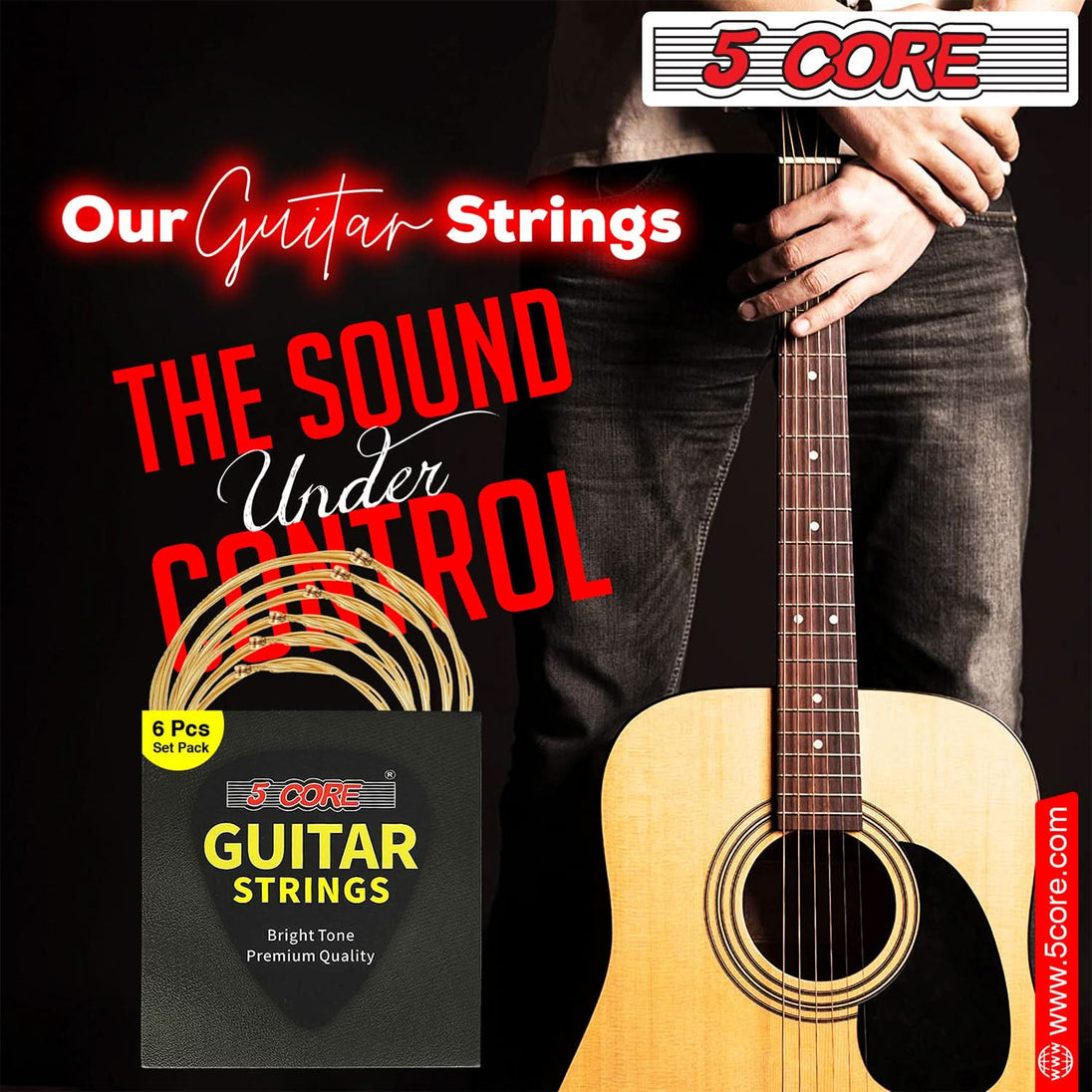 5Core Acoustic Guitar Strings 0.010-0.047 Steel Gauge Heavy Duty w Bright Tone For 6 String Guitars