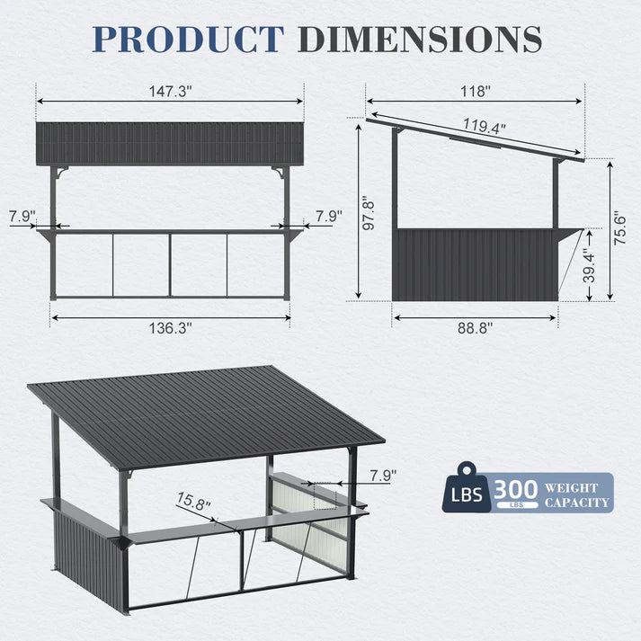 YODOLLA 10' x 12' Hardtop BBQ Gazebo with Bar Counter, Outdoor Grill Shelter & Entertainment Pavilion
