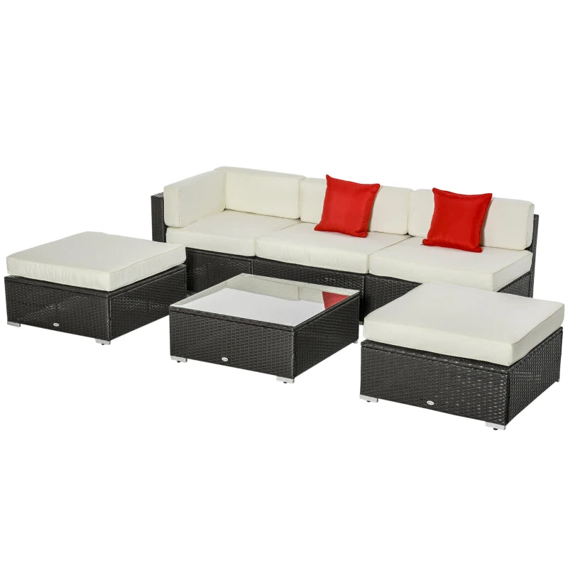 Outsunny 6 Pieces Wicker Patio Furniture Set with Thick Cushions, Deluxe Outdoor All-Weather Resistant PE Rattan Sectional Conversation Sofa Set with Glass Top Table, Beige