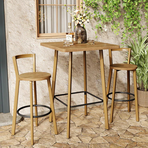 Bar Table Set 39.4" Square High-Top Bistro Pub Table with 2 Chairs Compact Space-Saving Design with Footrests Oak Finish for Home Kitchen Balcony