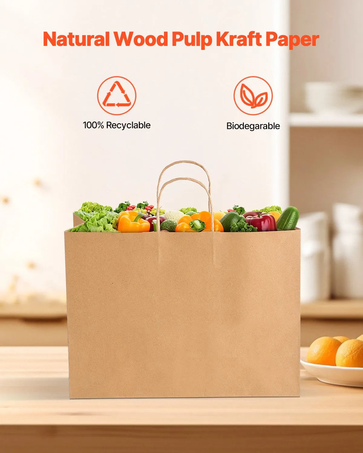 VEVOR Kraft Paper Bags with Handles – 50/100Pcs, 16 x 6 x 12 in, Large Reusable & Recycled Grocery/Party Bags – White, Brown, Black 