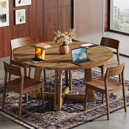 Conference Table 47" Solid Wood Round Meeting Table with Thickened Tabletop and Cross Base Design Brown