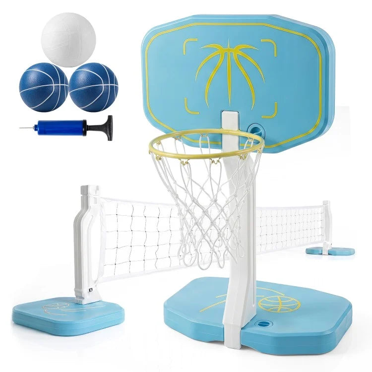 2-in-1 Pool Basketball Hoop & Pool Volleyball Net Set, Portable Water Games Combo with Balls & Air Pump