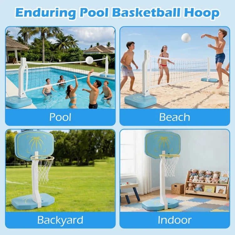 2-in-1 Pool Basketball Hoop & Pool Volleyball Net Set, Portable Water Games Combo with Balls & Air Pump
