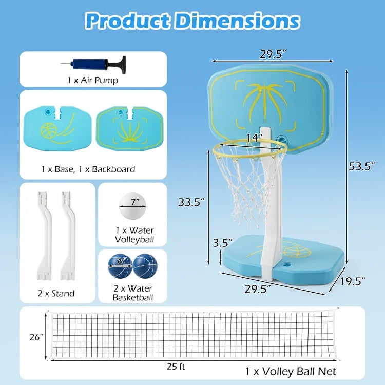 2-in-1 Pool Basketball Hoop & Pool Volleyball Net Set, Portable Water Games Combo with Balls & Air Pump