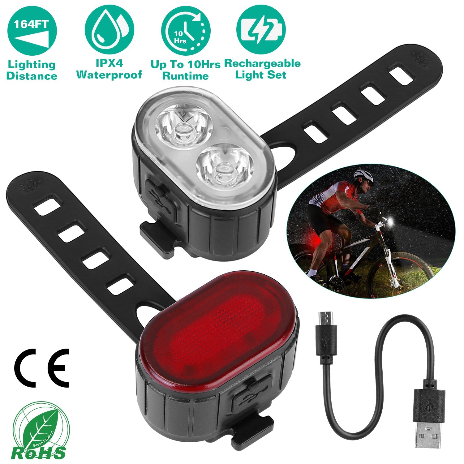 Bike Headlight Taillight Set USB Rechargeable Bicycle Safety Lamp IPX4 Waterproof Bicycle LED Front Light Taillight