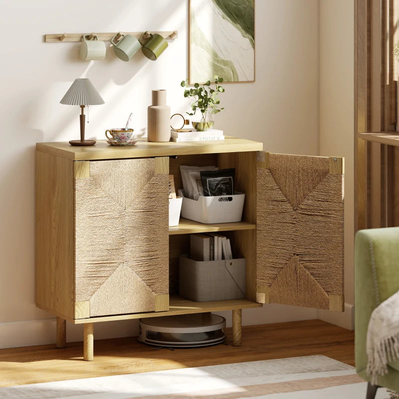 Handwoven Rope Accent Cabinet Boho Sideboard Buffet Cabinet with Push to Open Doors Adjustable Shelf Pine Wood Legs Oak