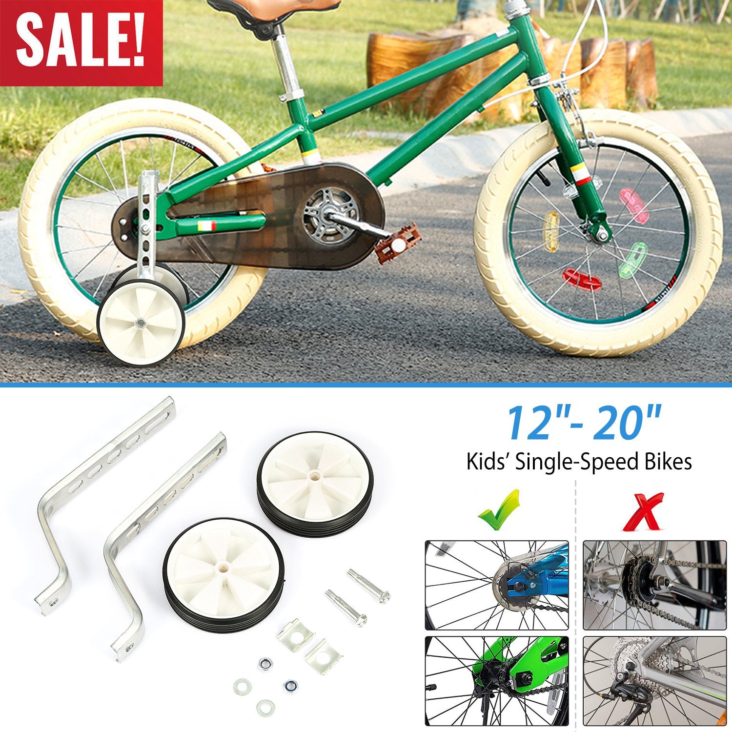 Bicycle Training Wheels Adjustable Kids Children Bike Stabilizer Wheel for 12"- 20" Bike 