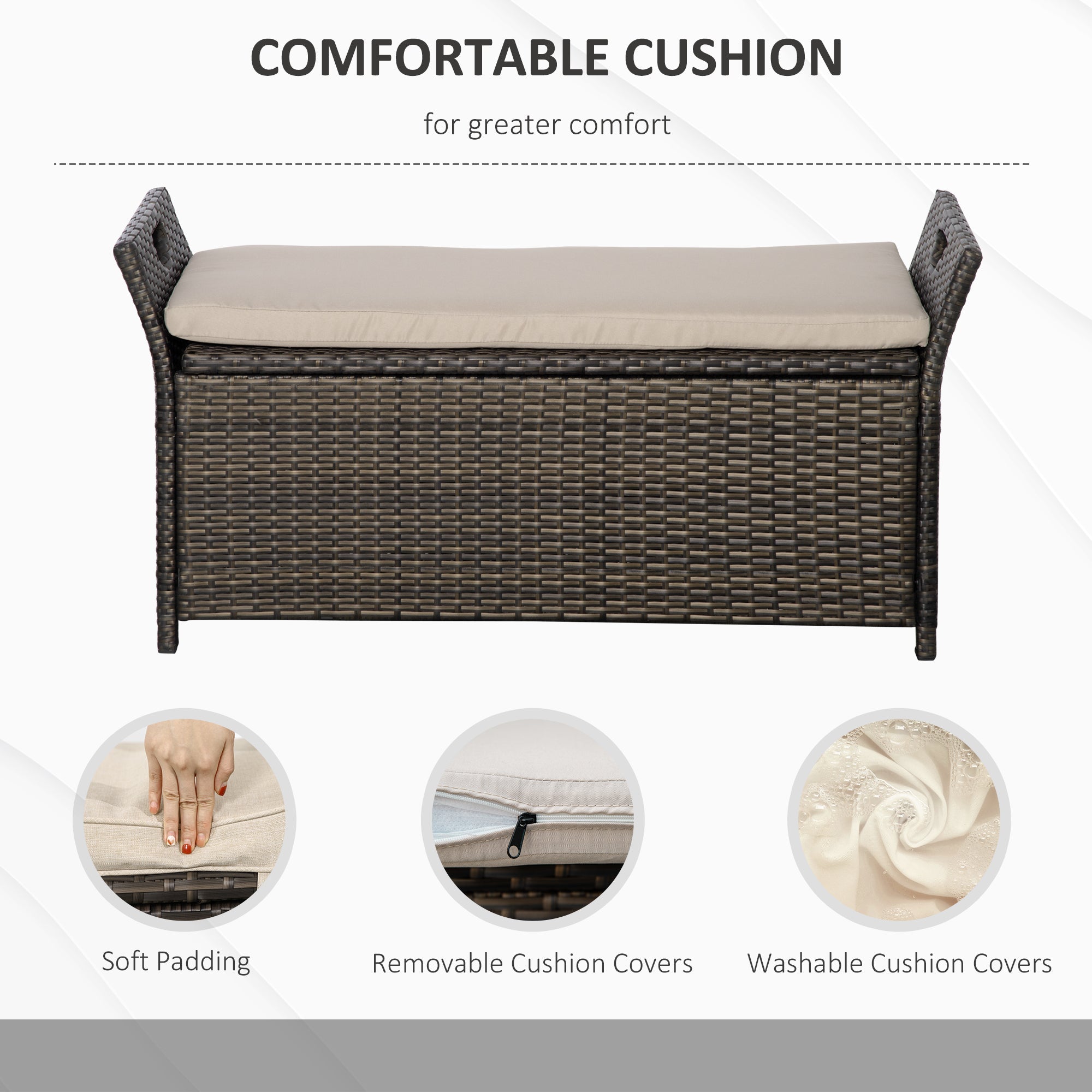 Outsunny 2-In-1 Outdoor PE Rattan Storage Bench, 27 Gallon Patio Wicker Furniture, Basket Box with Handles and Cushion Cream 