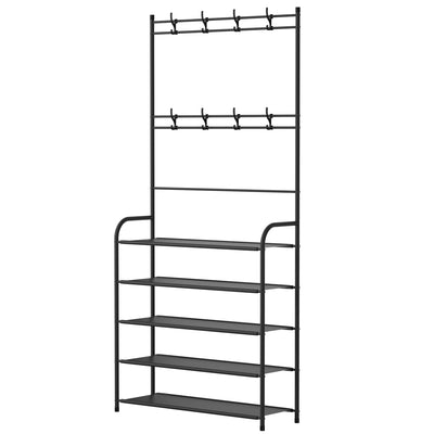 Entryway Coat Hat Rack Shoe Storage Shelf 5 Tier Shoe Rack Freestanding Hall Tree Garment Hanger Stand Clothes Shoe Organizer Combo 