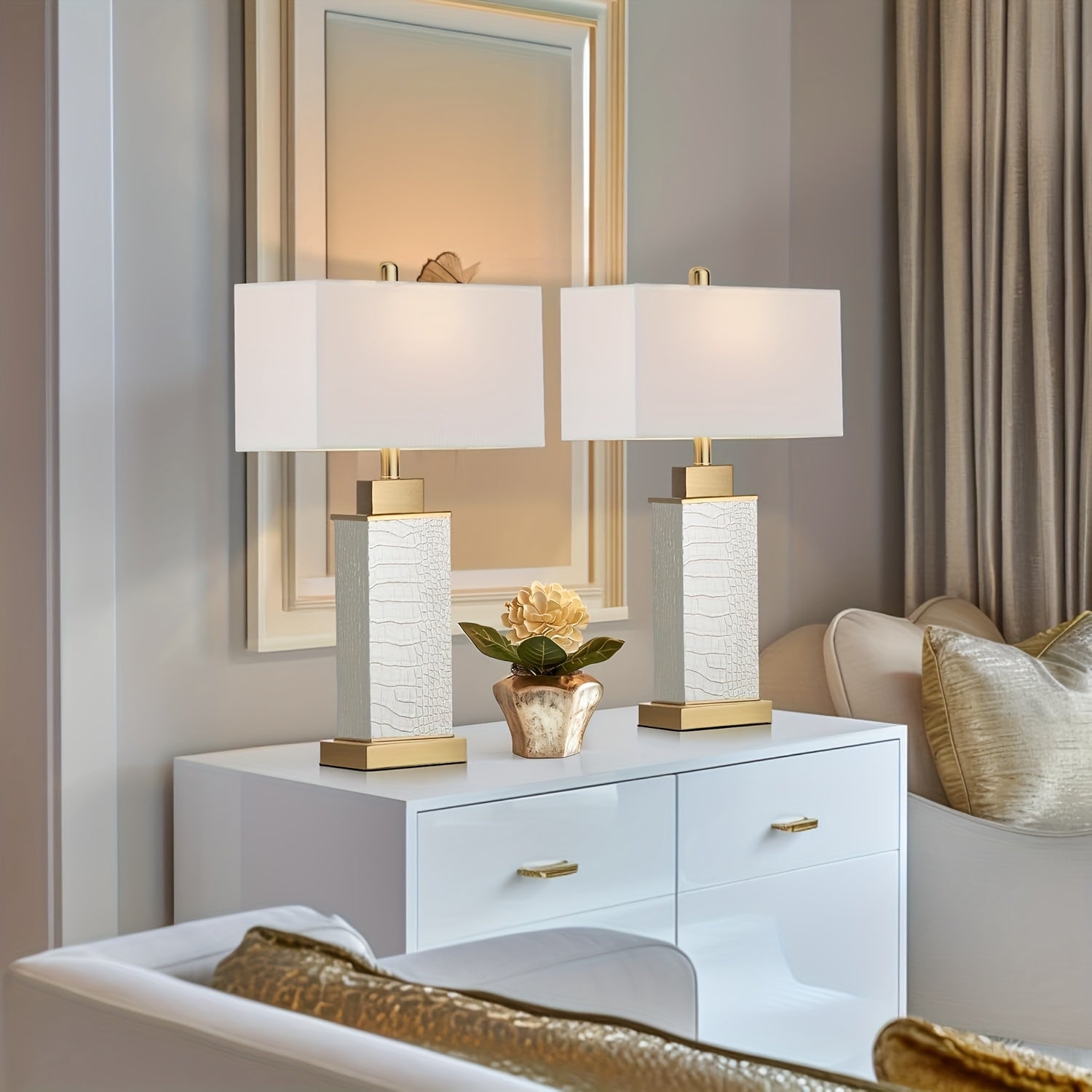 Modern White Faux Leather Table Lamps (Set of 2) – 3-Way Dimmable Touch Control with USB-C & A Charging Ports, Rectangle Shade – Ideal for Bedroom or Living Room 