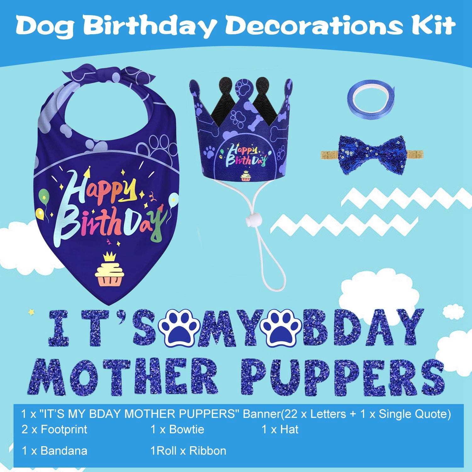 Dog Birthday Bandana Hat Set Dog Birthday Party Supplies Cute Dog Birthday Banner Decoration with Hat Bandana Bowtie