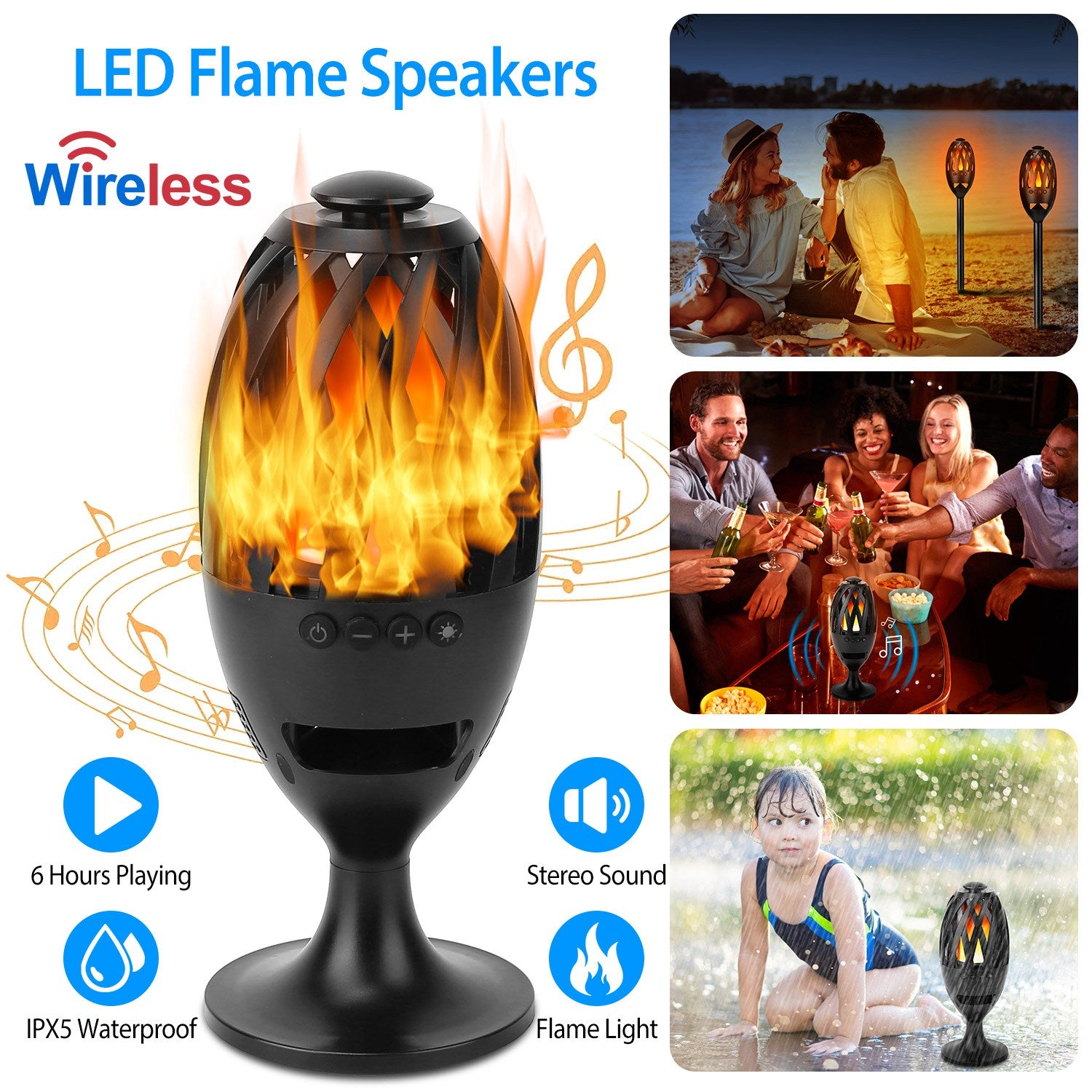 LED Flame Speakers Torch Wireless Speaker Waterproof Stereo Bass Speaker Outdoor Light-Up Speaker Atmosphere LED Flickers Night Light Patio Stake Ligh