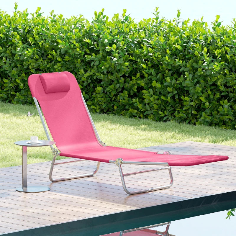 Folding Lounge Chair, Portable Tanning Chair with Adjustable Backrest, Pillow for Beach Poolside Patio, Pink