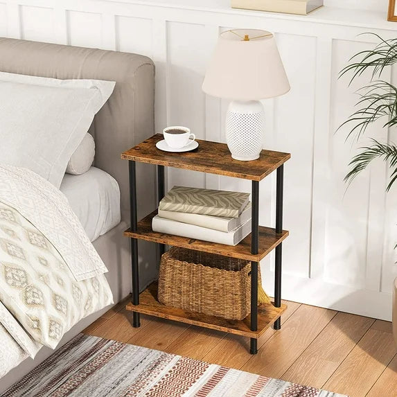 HOOBRO 3-Tier Industrial End Table with Open Shelves, Narrow Nightstand for Bedroom & Living Room, Rustic Brown