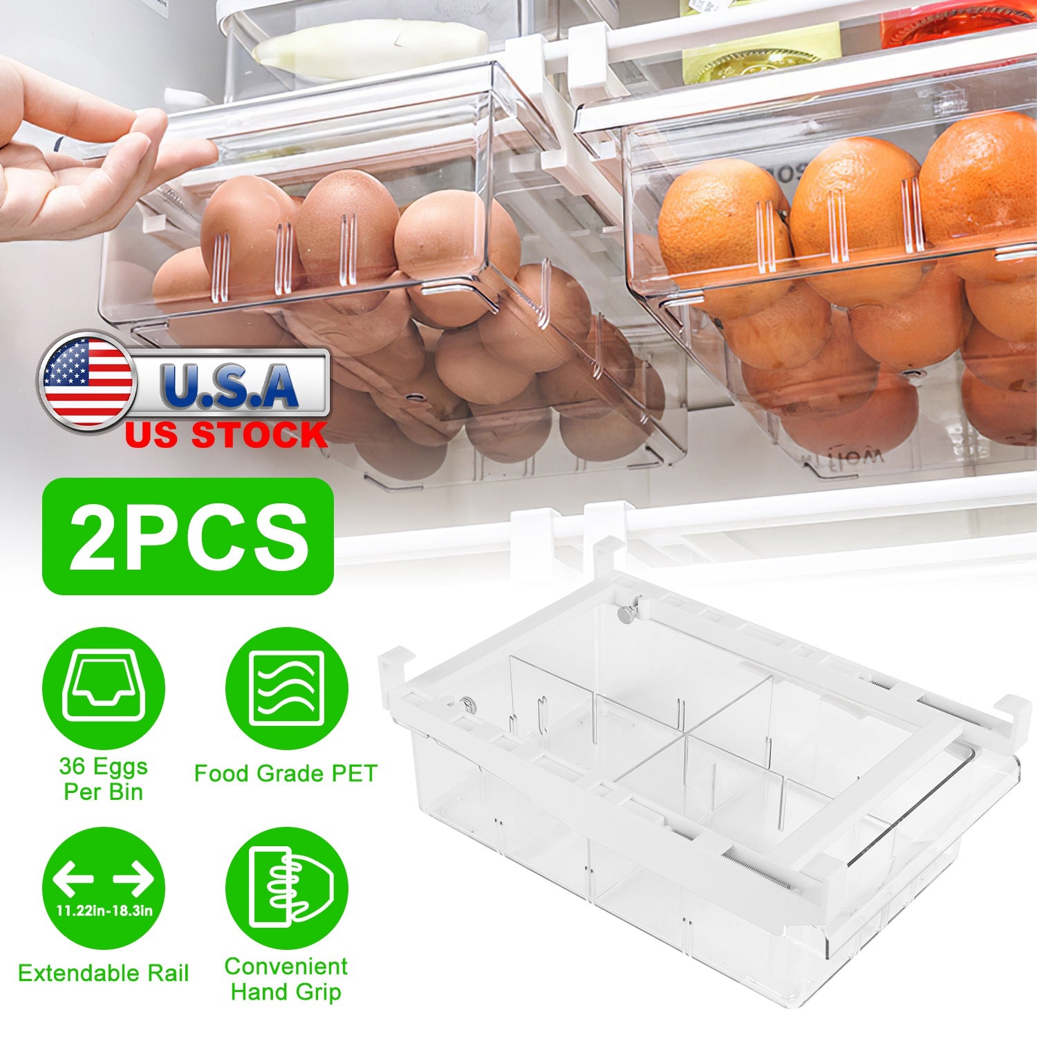 2Pcs Refrigerator Egg Drawer 36 Egg Capacity Snap On Hanging Storage Tray Space Saving Pull Out Egg Container Organizer 