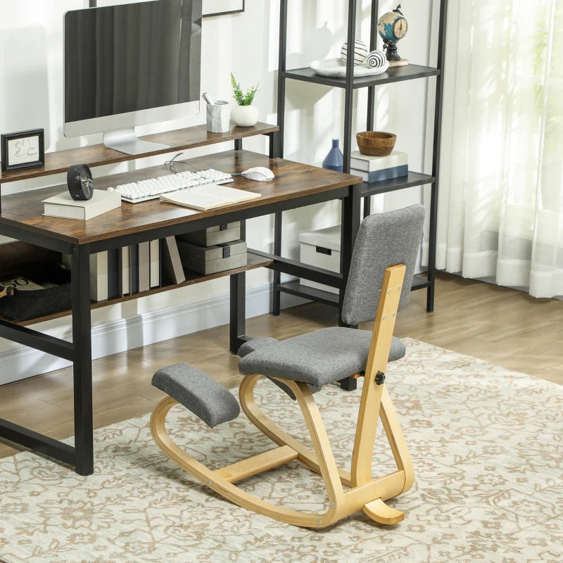 Ergonomic Kneeling Chair, Rocking Wood Kneel Stool with Backrest for Improve Posture, Back Pain, Grey