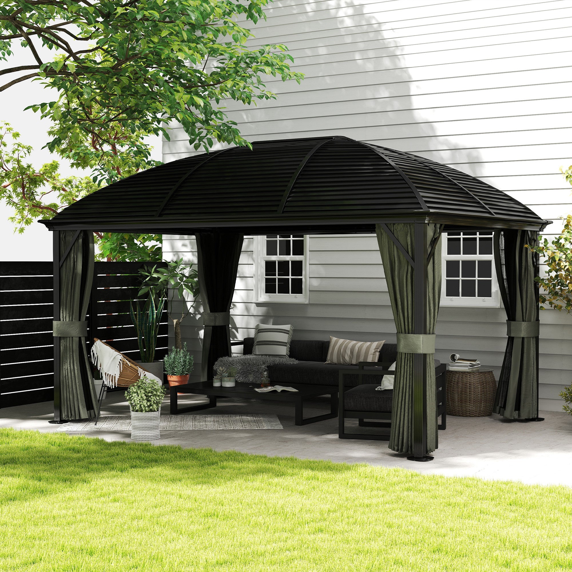 Outsunny 10' x 13' Hardtop Gazebo Aluminum Outdoor Canopy with Mesh Nettings, Curtains, Dark Grey 