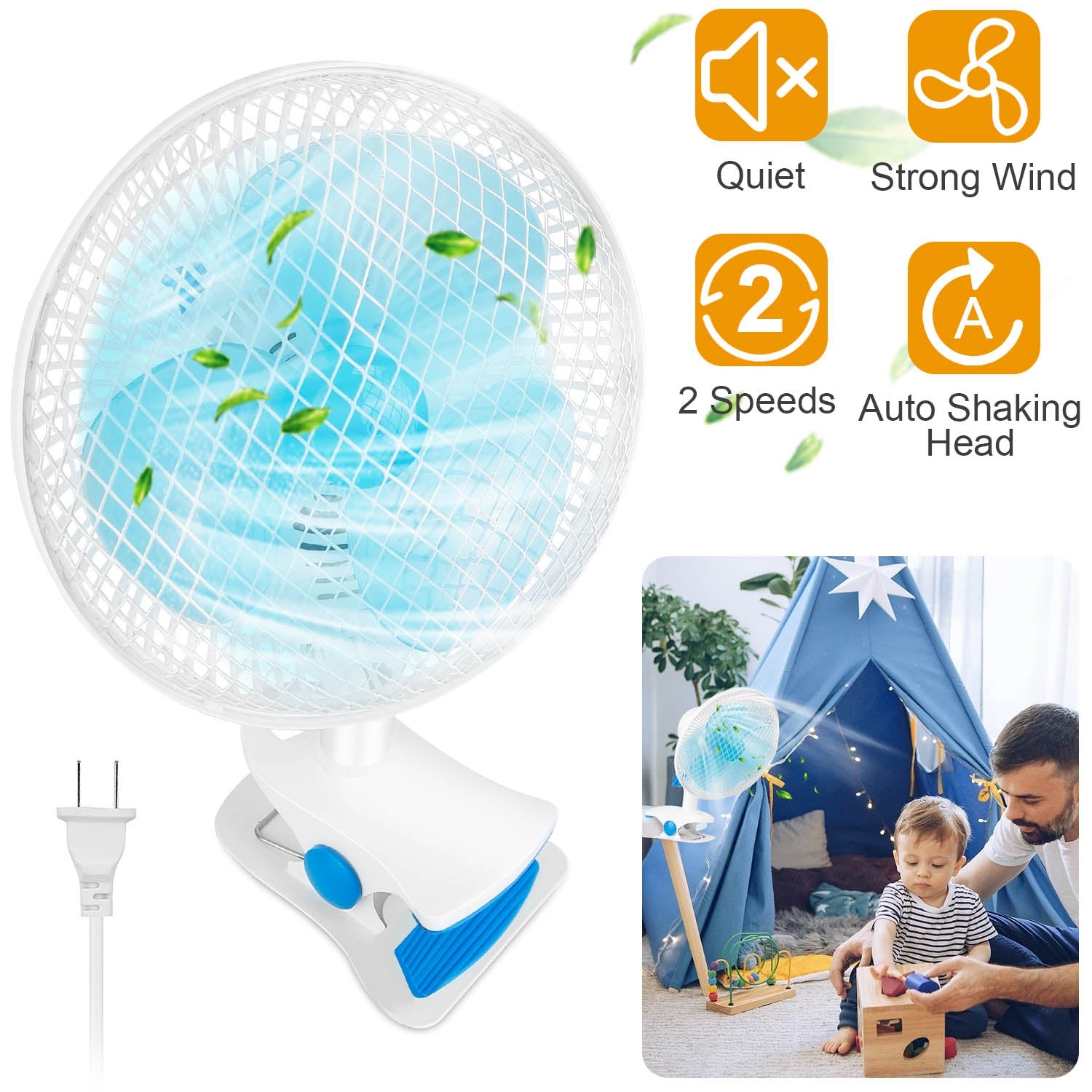 Clip On Fan 2 Speeds Quiet Clamp Fan Adjustable Tilt Auto Shaking Fan Wall Mount Personal Fan For Desk Office Home Baby Strollers Table Tops w/ 3.94FT