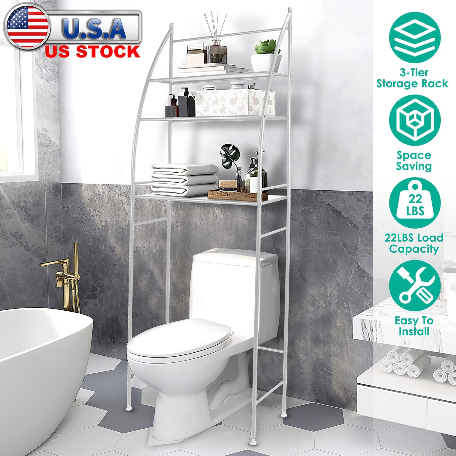 3 Tier 25.59x9.84x66.14in Bathroom Over the Toilet Storage Shelf Free Standing Laundry Room Organizer Space Saver Rack