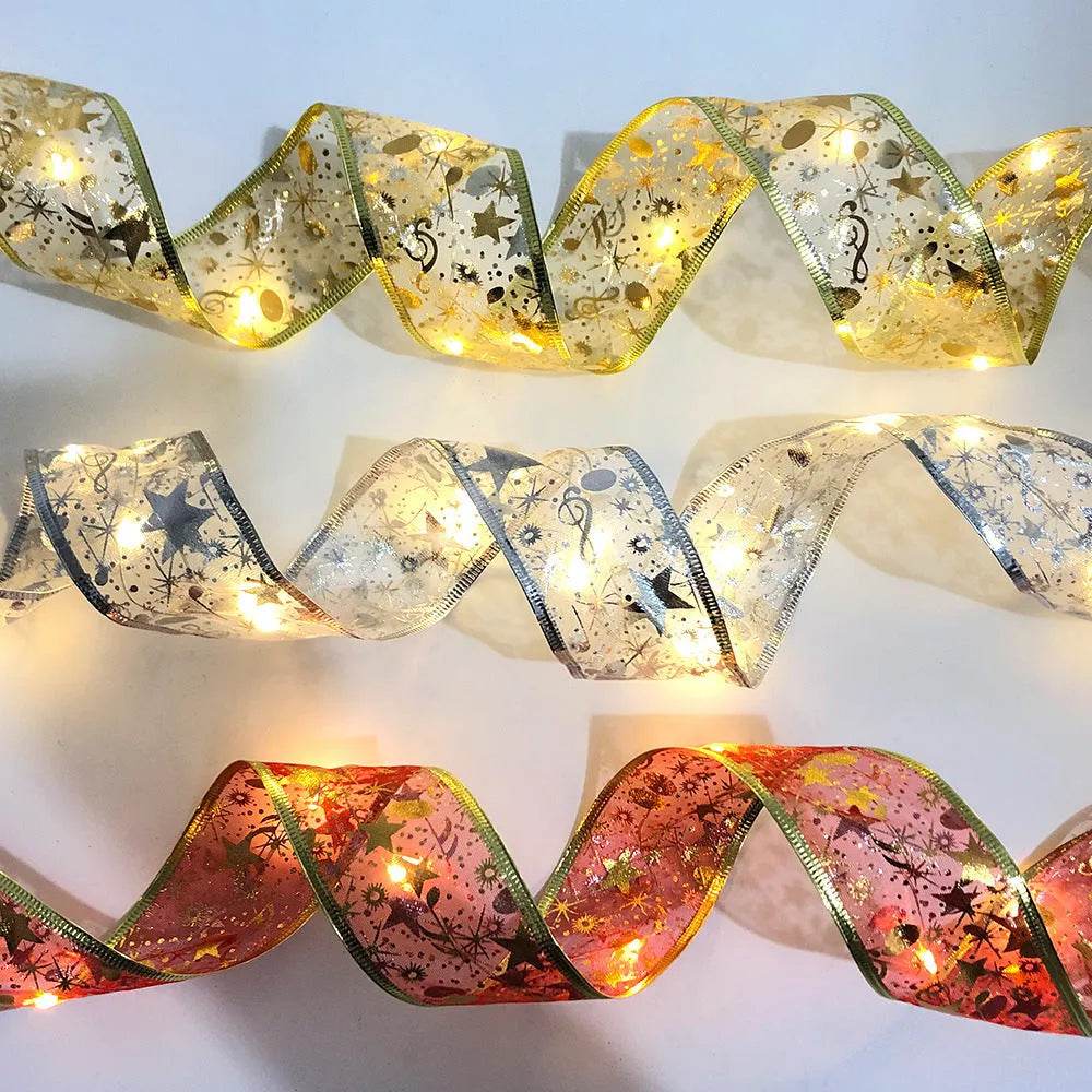 LED Lights Hot Stamping Double-layer Ribbon Christmas Decorations 