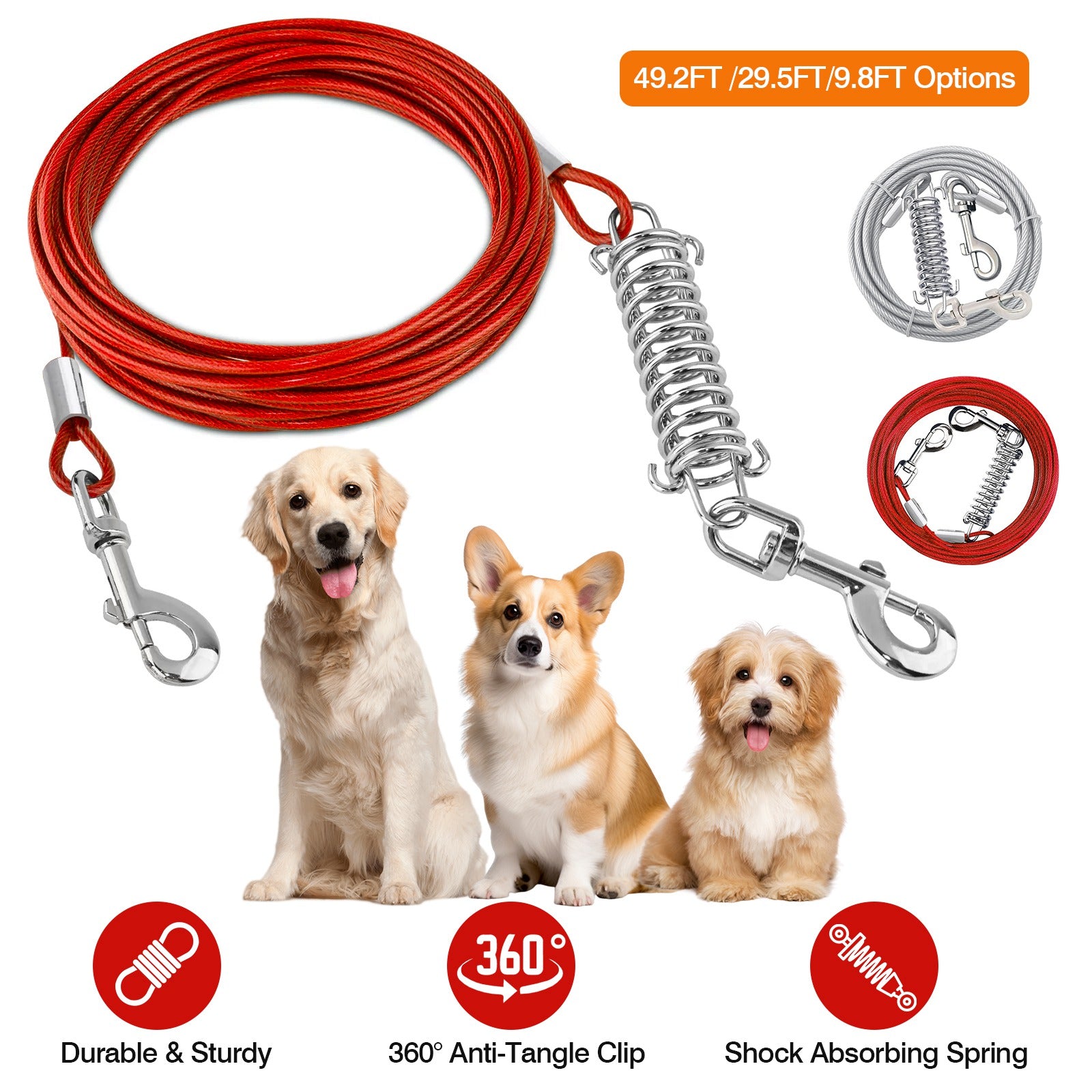 29.5FT Dog Tie Out Cable Long Dog Leash Chew Proof Lead Dog Chain with Durable Spring 360° Rotatable Clips PVC Case for Outside Yard Caming 