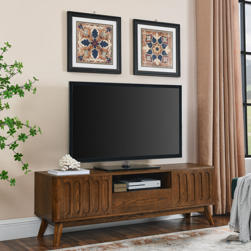 Mid Century Modern Fluted TV Stand for 65-Inch TVs - Farmhouse Media Console with 2 Doors & 1 Drawer, Solid Leg Design, Durable Non-Wood Construction, Space-Saving Storage Entertainment Center for Living Room, Apartment, Offi 