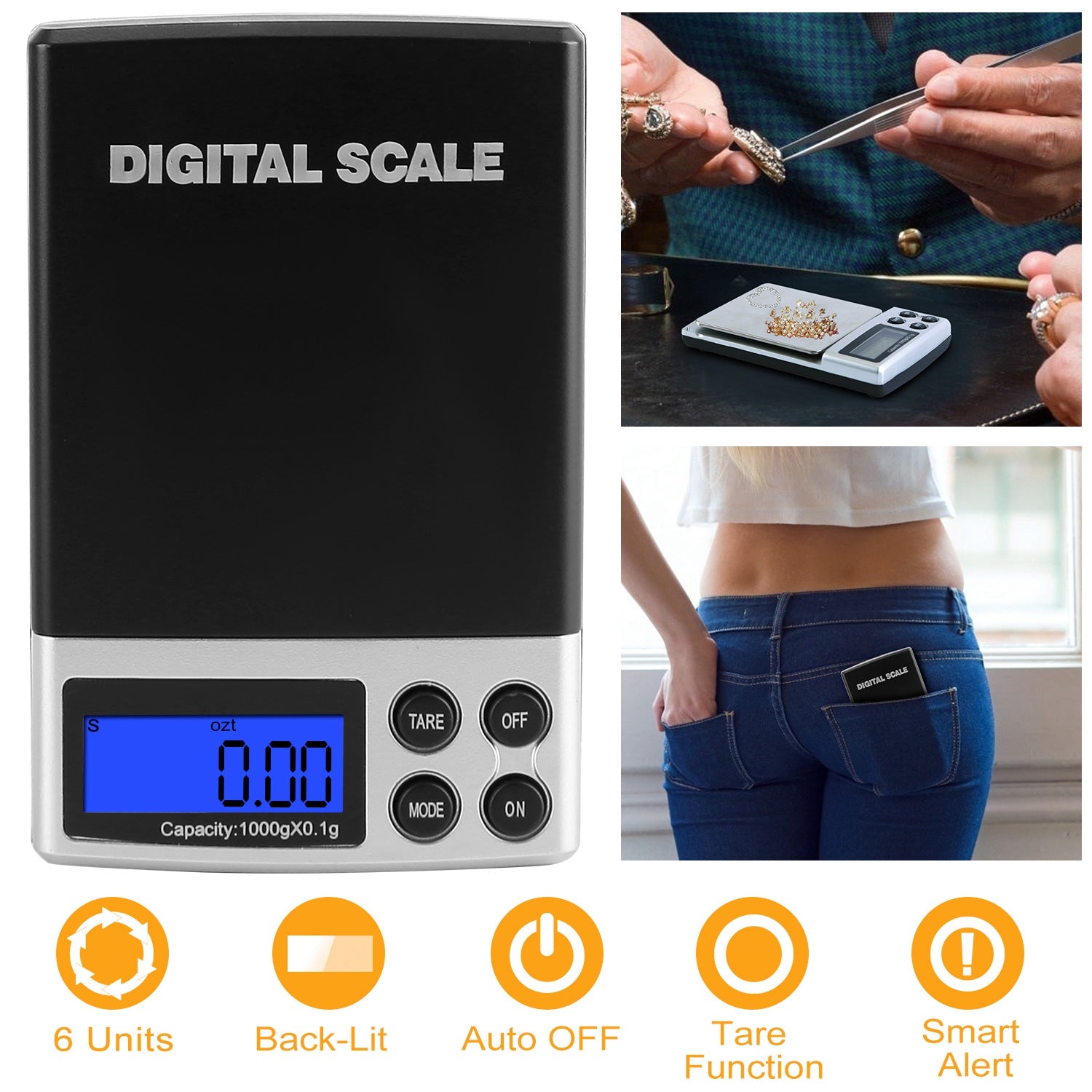 iMounTEK Digital Scale 1000g x 0.1g Pocket Electronic Kitchen Scale with 6 Units Tare Function LCD Backlit Screen Auto OFF 